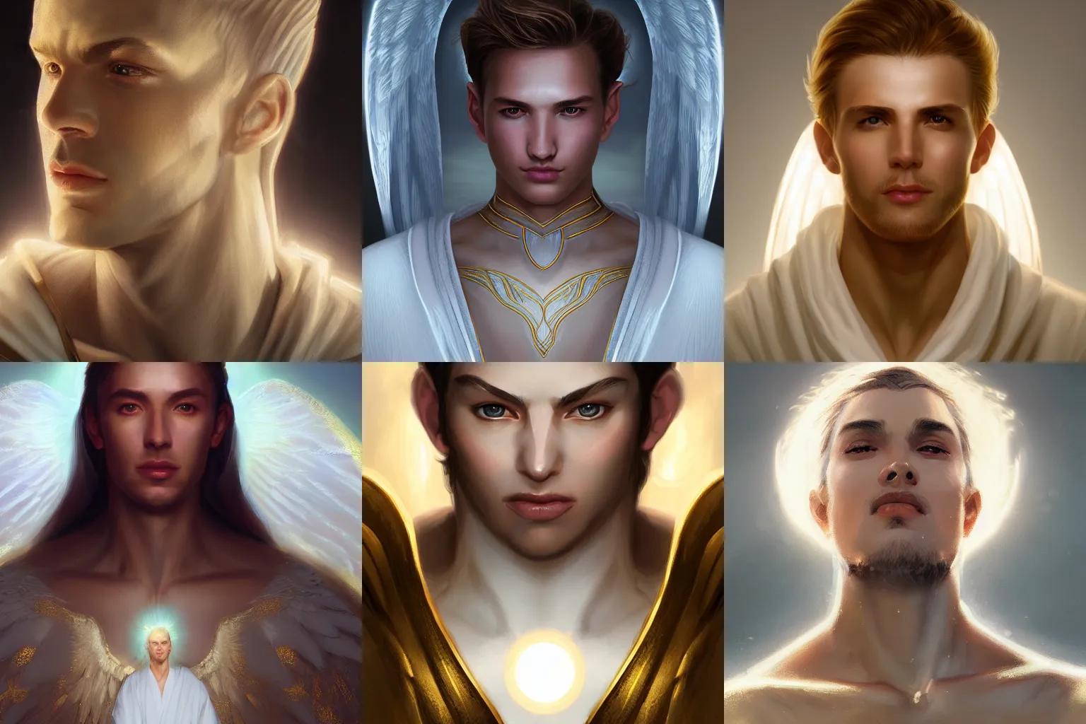 Prompt: Closeup portrait of a glowing male angel, white light halo, white and gold robes, peaceful expression, by Artgerm, by Albert Edelfelt, matte painting, trending on Artstation