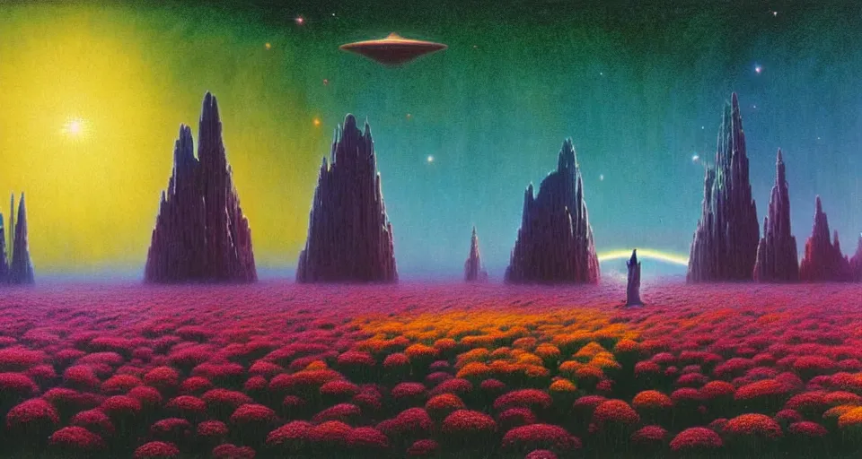 Image similar to a beautiful cinematic view of a large 3 d mystical alien shrine in a field of rainbow colored flowers, underneath a star filled night sky, harold newton, zdzislaw beksinski, donato giancola, warm coloured, gigantic pillars and flowers, maschinen krieger, beeple, star trek, star wars, ilm, atmospheric perspective