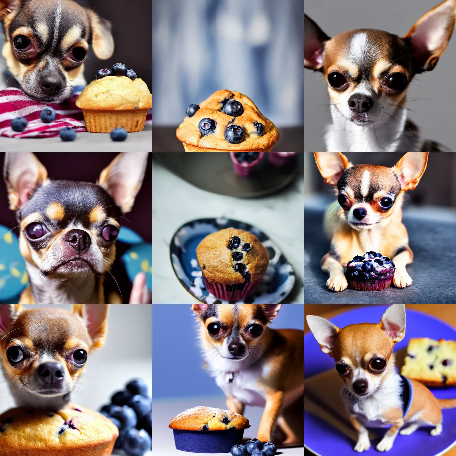Prompt: chihuahua portrait, blueberry muffin, high definition, focus