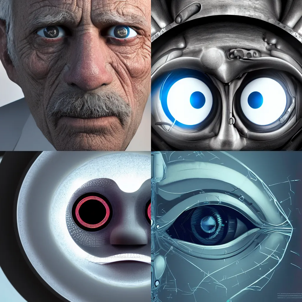 Prompt: closeup portrait of an old man with a cybernetic eye, robotic eye, 8k concept art