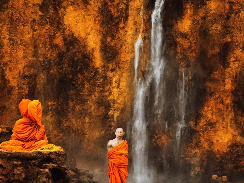 Image similar to dang ngo, annie leibovitz, steve mccurry, a simply breathtaking shot of mediating monk in orange, giantic waterfall, bright moonlight, golden ratio, wide shot, symmetrical