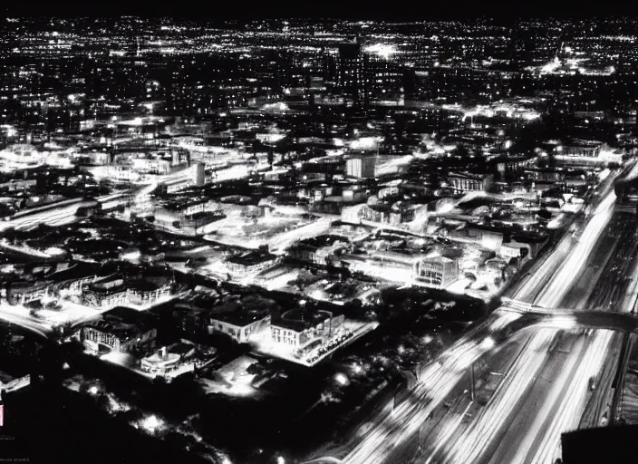 Prompt: a sprawling building complex seen from a dark parking lot in los angeles at night. 1 9 9 0 photo by james cameron. urban photography