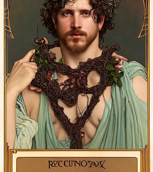 Image similar to a tarot card portrait of dionysus, realistic, 8 k, by greg rutkowski, artgerm, alphonse mucha, ornate, vines as jewelry, symmetry, sharp focus