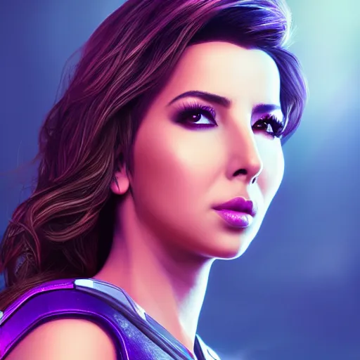 Image similar to a portrait of nancy ajram as thanos, hyper detailed, digital art, trending in artstation, cinematic lighting, studio quality, high quality render, unreal engine 5 rendered, octane rendered