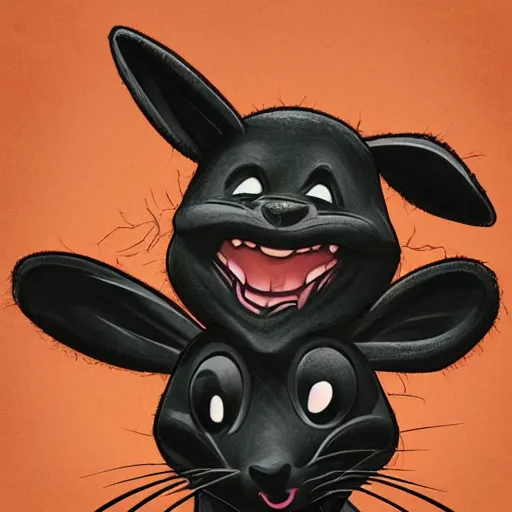 Prompt: A extremely highly detailed majestic hi-res beautiful, highly detailed head and shoulders portrait of a scary terrifying, horrifying, creepy black cartoon rabbit with scary big eyes, earing a shirt laughing in the style of Walt Disney