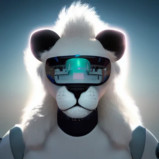Prompt: dream very very beautiful furry art, bust profile picture of a robotic anthro lion, visor screen for face, snout under visor, commission on furaffinity, cgsociety, octane render