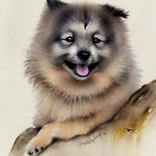 Image similar to a keeshond puppy watercolor painting by jean - baptiste monge, muted colors