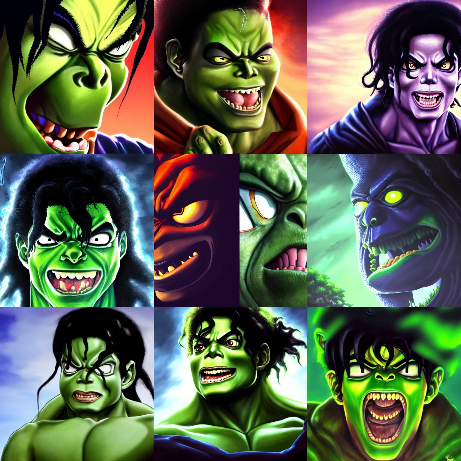 Prompt: michael jackson!!!! realistic dramatic !big face realistic close up concept art of octopus michael jackson hulk as a dragon ball Z character,dark eye sockets, graveyard landscape at night , 4k anime character illustration by akira toriyama, artstation