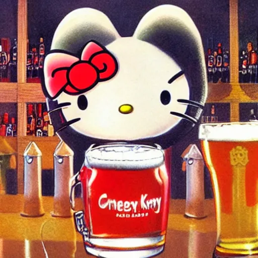 Image similar to Hello Kitty drinking beer, artwork by Earl Norem,