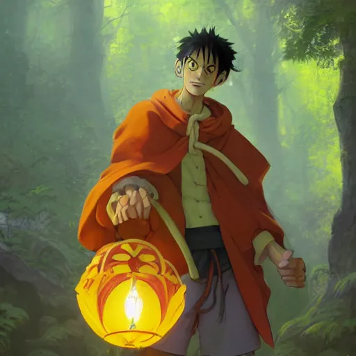 Image similar to concept art painting of an anthropomorphic luffy wearing a yellow cloak, holding a lantern, in the deep forest, realistic, detailed, cel shaded, in the style of by isaac asimov and marc simonetti and makoto shinkai and greg rutkowski and james gurney