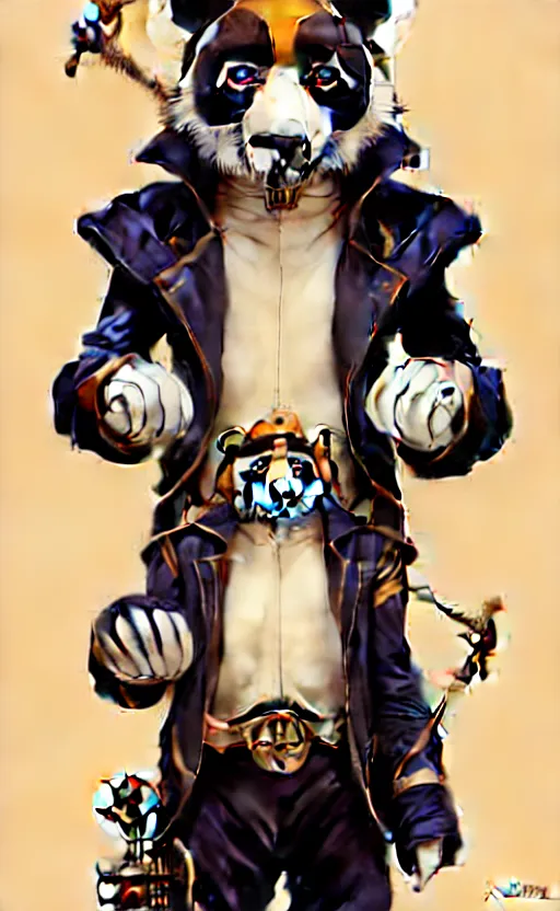 Image similar to don bluth, loish, artgerm, joshua middleton, steampunk, clockpunk anthropomorphic panda, full sailor suit, symmetrical eyes symmetrical face, colorful animation forest background