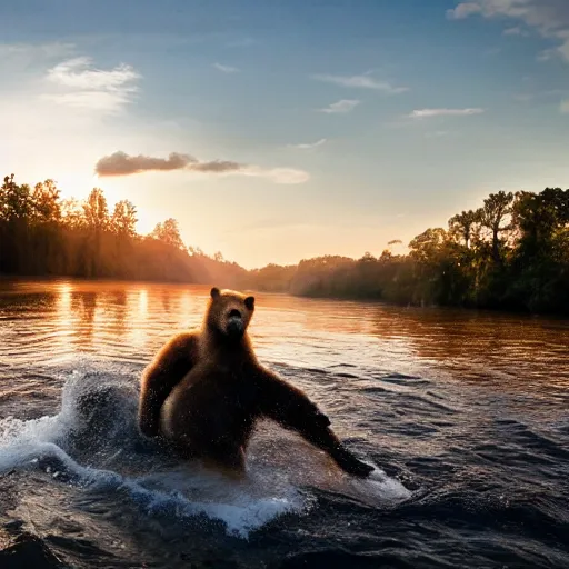 Image similar to high quality photograph of joe biden riding a bear across a river, golden hour