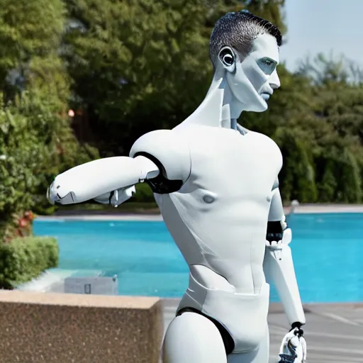 Image similar to a realistic detailed photo of a guy who is an attractive humanoid who is half robot and half humanoid, who is a male android, soccer player cristiano ronaldo, shiny skin, posing like a statue, blank stare, by the pool, on display, showing off his muscles, humanoid robot, frozen ice statue, made of ice