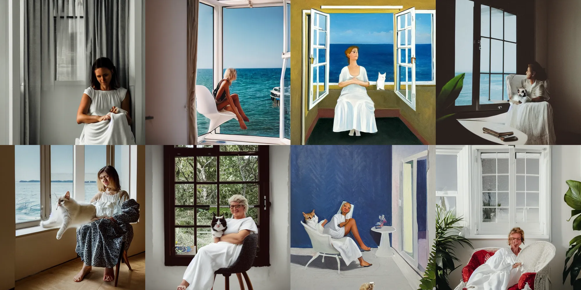 Prompt: a woman in a white dress sitting on chair and a cat on her lap in a white room in vanice, there is a window to the sea