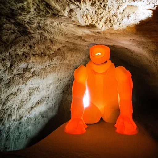 Image similar to photo inside a cave of a building and a giant orange glowing transparent humanoid of one thousand feet of height