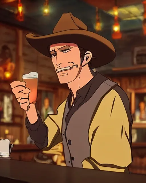 Image similar to an old cowboy walking into a crowded saloon bar. Anime. Soft lighting.