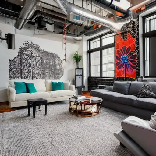 Image similar to trendy downtown loft with modern murals on the wall, modern wall art and patterns, professional photographed interior design, beautiful architecture