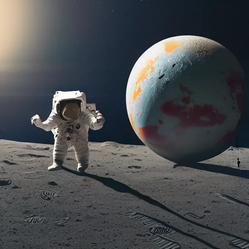 Image similar to two astronaut kids on the surface of the moon with a biosphere in the distance in the style of stalenhag, render, VRay, octane, beige and white color scheme, 8K