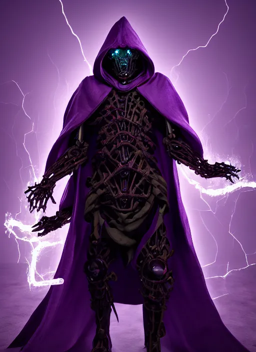 Prompt: character design, biomechanical arcanist, tattered robe and hood, purple lightning, fog, scary, arrogant, hostile, photorealistic, cinematic, hyper realistic, octane render, 8 k, full shot