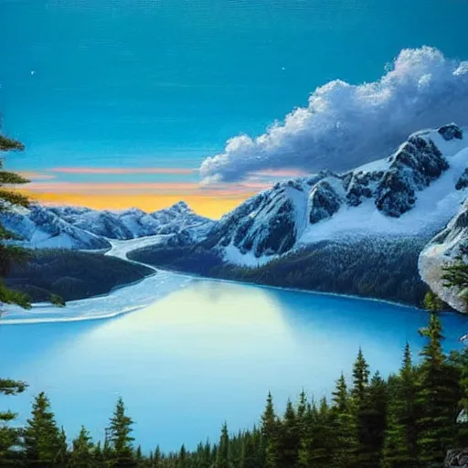Prompt: a serene view from on-top of a mountain lined with a stunning forest, beautiful glaciers flowing into a shimmering blue lake below, blue sky with soft puffy clouds, Chinook sunset in background, 4k, highly detailed, oil painting