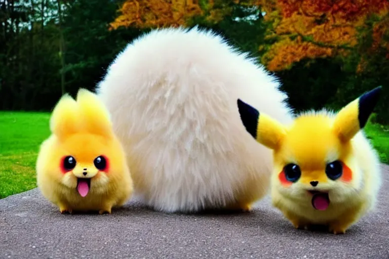 Image similar to real life pokemon, cute!!!, adorable!!!, chunky!!!, playful!!!, fluffy!!!, happy!!!, cheeky!!!, mischievous!!!, ultra realistic!!!, autumn, clear weather, golden hour, sharp focus