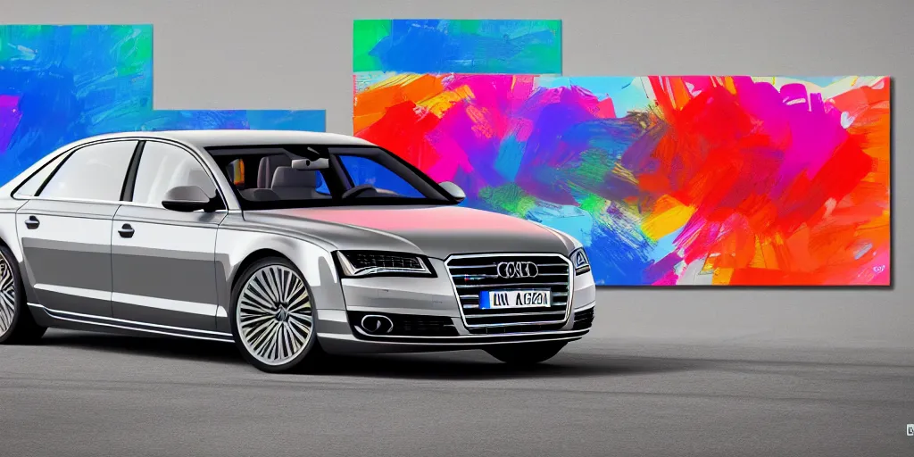 Image similar to audi a 8 pop art painting, rtx, raytracing, 8 k, highly detailed, sharp colors,