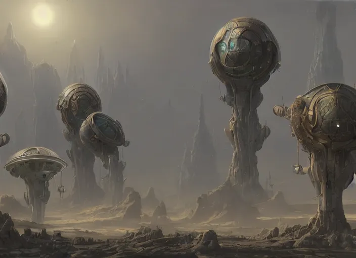 Image similar to a group of strange looking structures in the sky, a detailed matte painting by Jason A. Engle, cgsociety, afrofuturism, matte painting, concept art, sci-fi
