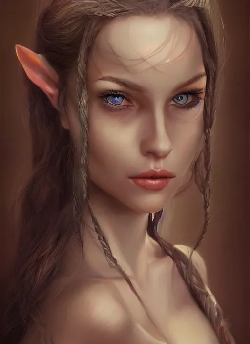 Image similar to A hyperrealistic portrait painting of a hot young female elf with stunning body, DAZ, deviantart, artstation
