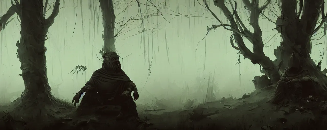 Image similar to duotone noir illustration close up of bald merchant demon sitting below willow tree in medieval brown tunic. foggy evening. dark dream atmosphere with volumetric hellish lighting, by sachin teng and sergey kolesov and ruan jia and heng z. graffiti art, scifi, fantasy, hyper detailed. octane render. concept art. trending on artstation