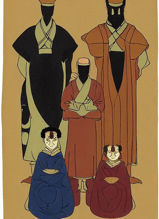 Image similar to family portrait of duke leto atreides lady jessica and prince paul atreides, dune, father mother and son, three figures, detailed, solemn, commanding, powerful, in the style of yamato - e, traditional japanese, tosa school, tosa mitsuoki, tosa mitsunobu, iwasa matabei.