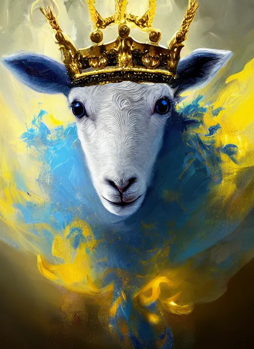 Image similar to a painting of a lamb's face with blue and yellow smoke coming out of, wearing an ornate crown, a digital painting by petros afshar, behance contest winner, digital art, behance hd, digital illustration, digital painting