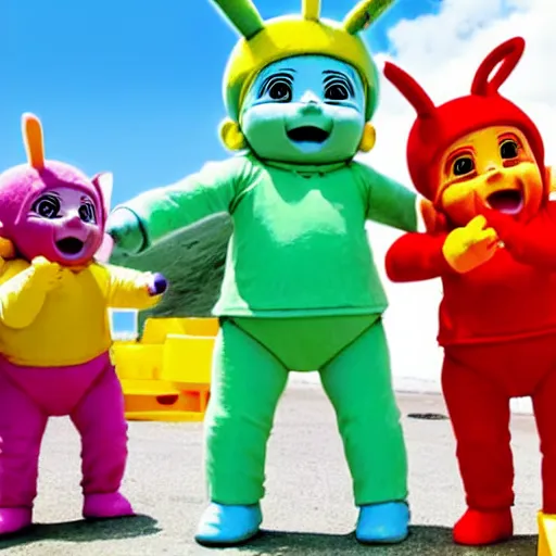 Image similar to anime style Teletubbies as construction workers in a site