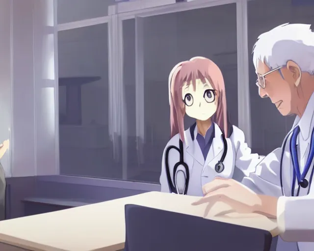 Image similar to a cute and beautiful young female doctor wearing white coat are talking with an old professor in a hospital, slice of life anime, lighting, anime scenery by Makoto shinkai