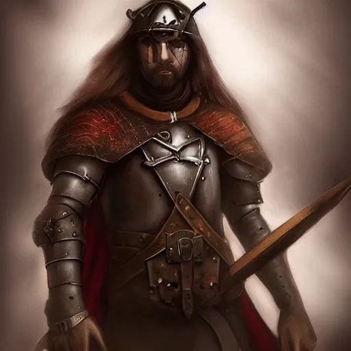 Image similar to A photo of a human medieval warrior, fantasy art, clean digital art, clean background, D&D art style, dark feeling, chill feeling
