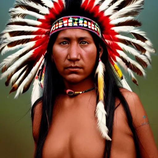 Prompt: award winning photo of a young native american woman in the style of martin schoeller