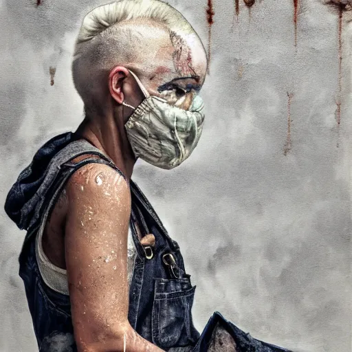 Prompt: full body pose, mixed media painting of a grungy woman with buzzed white hair, dust mask, soft eyes and narrow chin, dainty figure, torn overalls, short shorts, combat boots, side boob, wet tshirt, wet, raining portrait, extremely hyper - detailed, intricate, epic composition, very detailed, masterpiece, stunning,