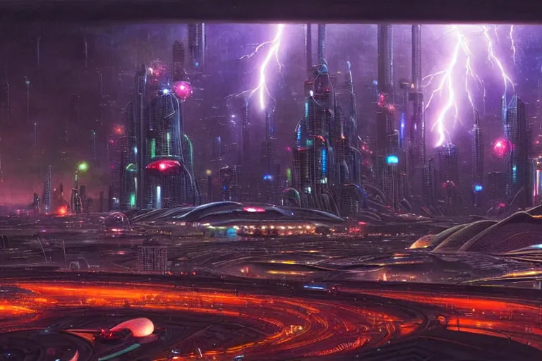 Prompt: Epic science fiction cityscape. In the foreground is a spaceport with spaceships taking off and landing, in the background alien skyscrapers and futuristic highrise. Rain and lightning. Stunning lighting, sharp focus, extremely detailed intricate painting inspired by Mark Brooks and by Moebius
