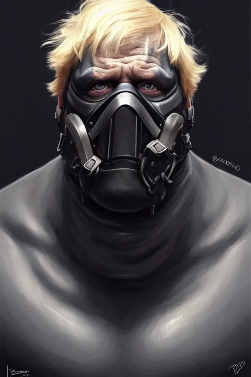 Image similar to Boris Johnson as a Bane from Dark Knight, Boris Johnson hairstyle, realistic portrait, symmetrical, highly detailed, digital painting, artstation, concept art, smooth, sharp focus, illustration, cinematic lighting, art by artgerm and greg rutkowski and alphonse mucha