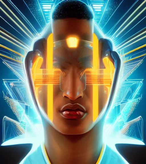 Image similar to symmetry!! egyptian prince of technology, solid cube of light, hard edges, product render retro - futuristic poster scifi, lasers and neon circuits, brown skin man egyptian prince, intricate, elegant, highly detailed, digital painting, artstation, concept art, smooth, sharp focus, illustration, dreamlike, art by artgerm