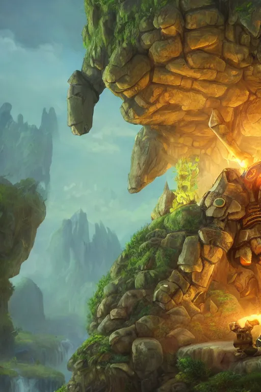 Image similar to zelda fantasy art giant golem troll wood rock greeble gemstone, global illumination ray tracing hdr fanart arstation by sung choi and eric pfeiffer and gabriel garza and casper konefal