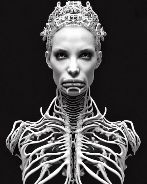 Prompt: a black and white high quality photo of a young beautiful female queen-dragon-cyborg bust with a very long neck and Mandelbrot fractal face, Mandelbrot fractal skin, flesh, anatomical, facial muscles, veins, arteries, elegant, highly detailed, flesh highly baroque ornate, hair are cable wires, elegant, high fashion, rim light, octane render, in the style of H.R. Giger and Man Ray, Realistic, Refined, Digital Art, Highly Detailed, Cinematic Lighting, rim light, black and white, photo-realistic, 8K