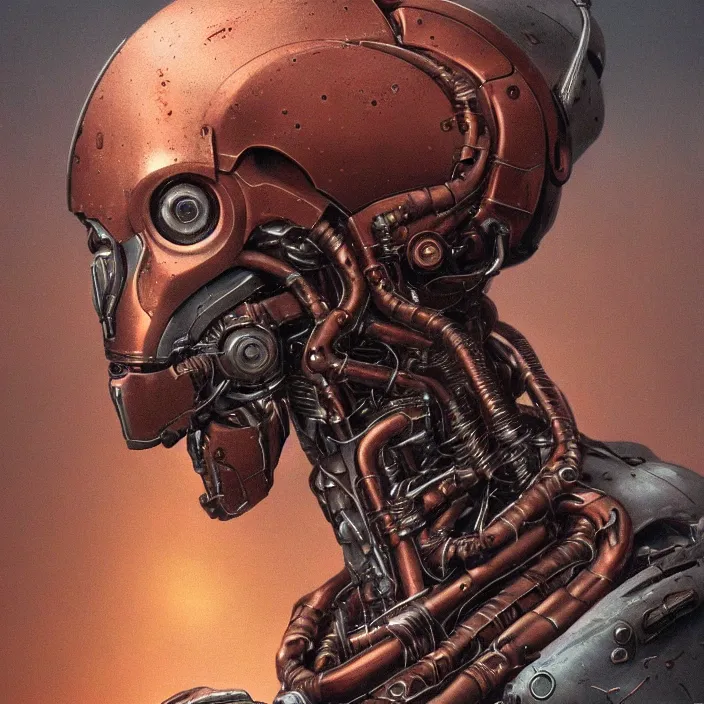 Image similar to portrait of a an oxidized copper Ultron from Age of Ultron, clockwork steampunk, only head and chest, by Beksinski and Michael Whelan, trending on artstation, 4k