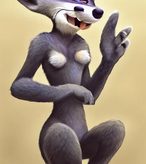 Image similar to full body oil painting of anthromorphic furry female wolf, in style of zootopia, female fursona, furry, furaffinity, 4 k, deviantart, furry art, fursona art, wearing black business suit, wearing business suit, wolf fursona, expressive feminine face, female,