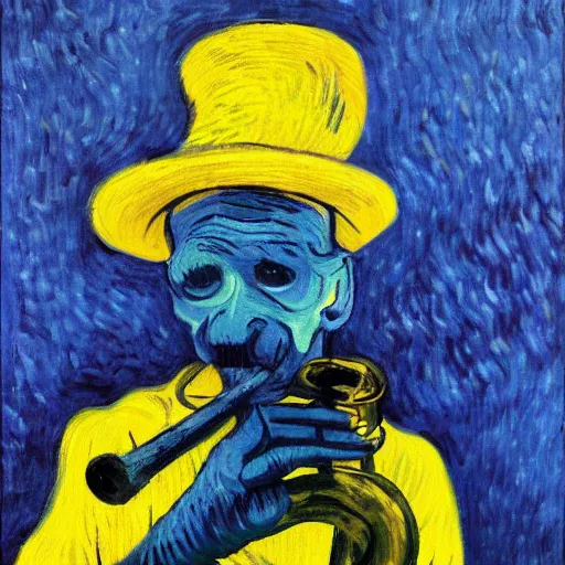 Image similar to man sitting in a yellow costume with a yellow hat holding a saxophone, smoking a cigarette, blue skin, blue smoke, dark background, realistic painting, artwork, meditative, impressionistic, van gogh, monet