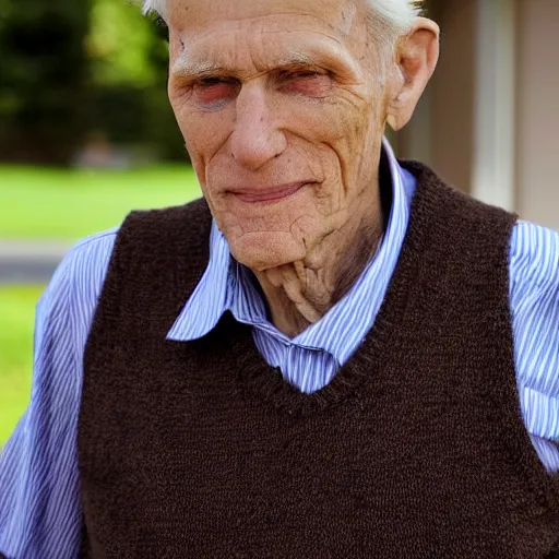 Image similar to A photograph of old Jerma985 in his eighties who looks like Jerma985 wearing a sweater vest in the 2010s, Jerma985, looks like Jerma985, taken in the late 2010s, taken on a 2010s Camera, realistic, hyperrealistic, very realistic, highly detailed, very detailed, extremely detailed, detailed, digital art, trending on artstation, headshot and bodyshot, detailed face, very detailed face