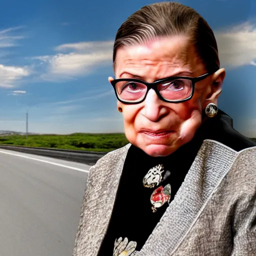Prompt: ruth bader ginsburg standing in the middle of a highway, dashcam footage, accident