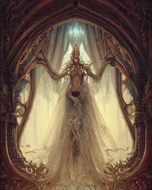 Prompt: a beautiful detailed front view of a dead rotten princess dressed in ornate baroque architecture, ornamentation, elegant, beautifully soft lit, by wayne barlowe, peter mohrbacher, kelly mckernan