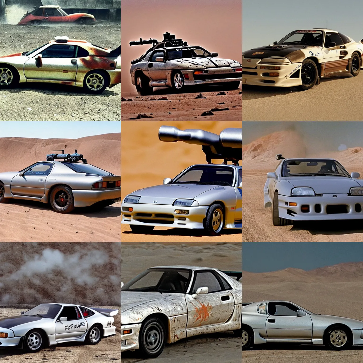 Prompt: 1995 toyota Supra Turbo with guns on it, from the movie mad max fury road, photo