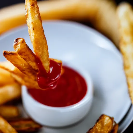 Prompt: macro photo of french fry being dipped in ketchup