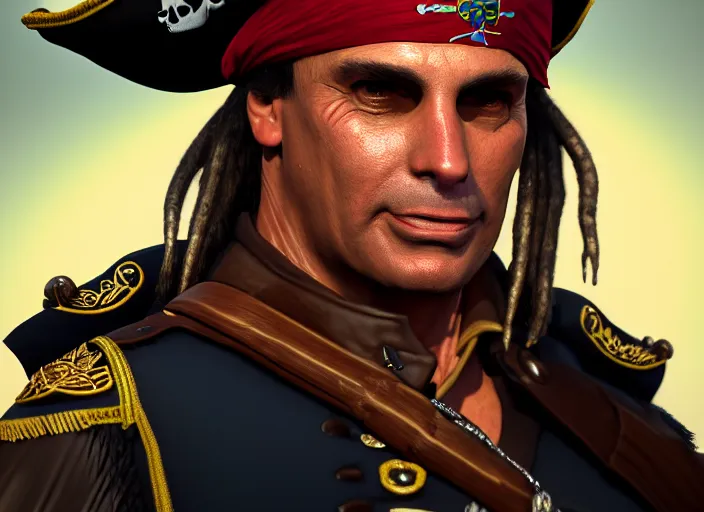 Prompt: highly detailed portrait of jair bolsonaro as a dread pirate captain, proudly posing at the helm of his frigate wearing a pirate hat, artstation, cinematic lighting, hyperdetailed, cgsociety, 8k, high resolution, insanely detailed and intricate